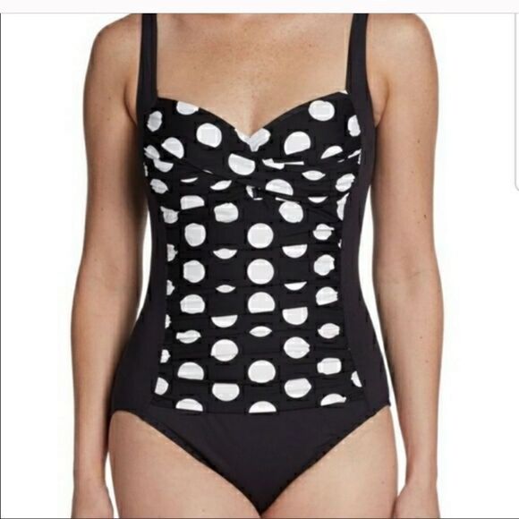 La Blanca Black White Polka Dot One Piece Swimsuit Ruched Retro Style Beach - Picture 2 of 16
